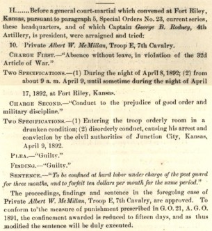 Private McMillan plead guilty to all charges at his court martial in April 1892.