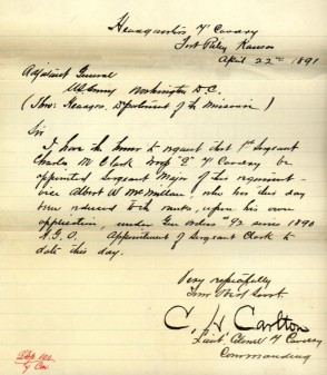 Sergeant Major Albert W. McMillan was reduced to the rank of Private at his own request in April 1891.