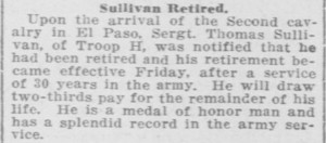 (Click to enlarge) First Sergeant Thomas Sullivan retired from the Army at Fort Bliss, Texas in June 1912.