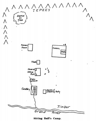 This sketch of Sitting Bull's camp appeared in a 1908 narrative by E. G. Fechet.